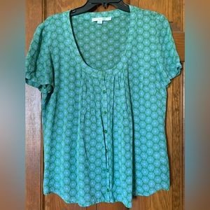 BODEN green/turquoise Short Sleeve button down flowy Floral Peasant Top EUC US12